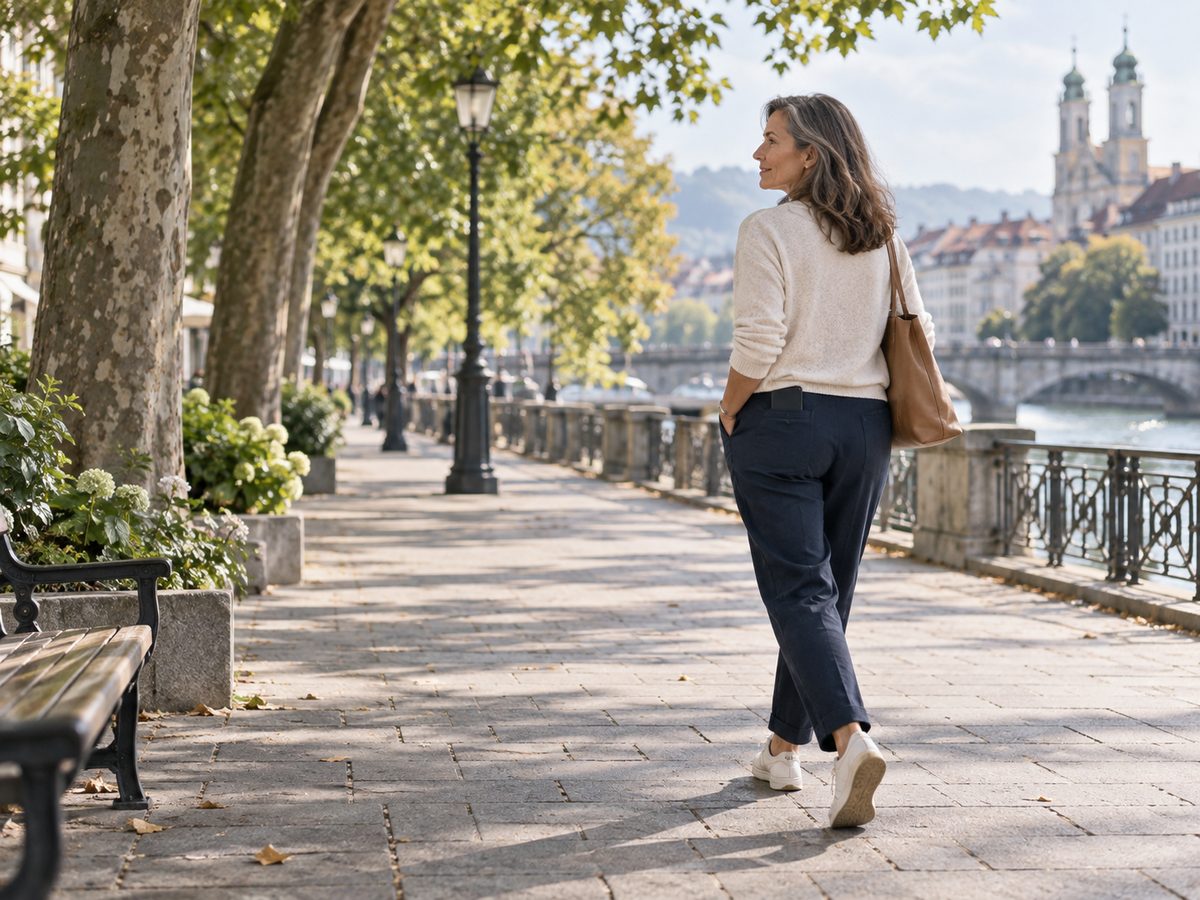 A woman walking along a city promenade with a smartphone carried naturally in her pocket.