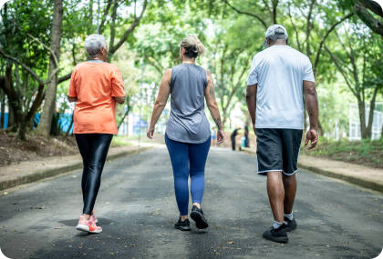 Three adults walking along a tree-lined path.