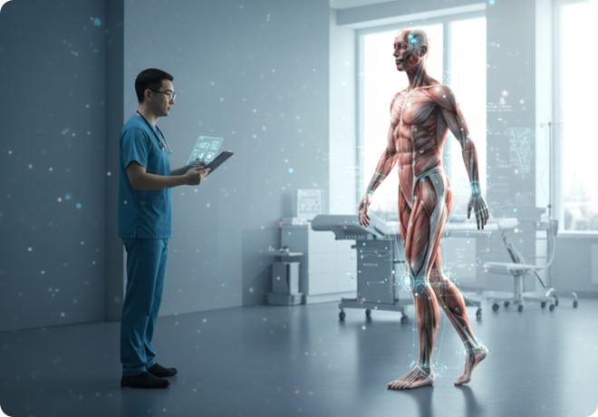 A clinician assessing movement in a research lab.