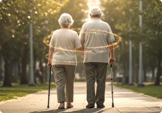 An older couple walking along a tree-lined path, each using a walking stick.