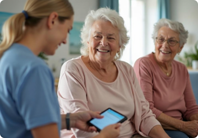 A clinician speaking with two older adults in a care setting.