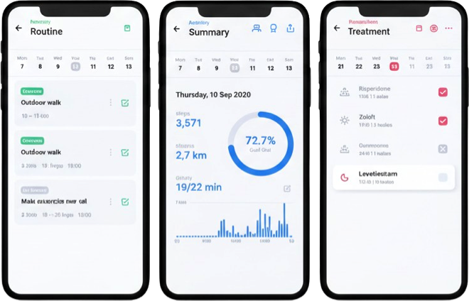 Three KinetikOS app screens showing a routine, a movement summary and a treatment view.