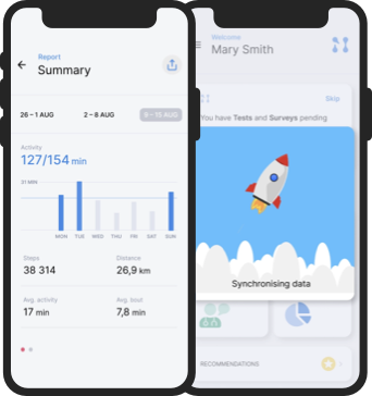 KinetikOS app screens showing mobility reports and data collection.