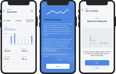 KinetikOS app screens showing a mobility summary, tailored insight and an instructed assessment.
